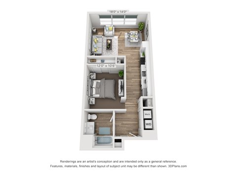 A 3D floor plan of a small apartment with a kitchen, living room, and bathroom.
